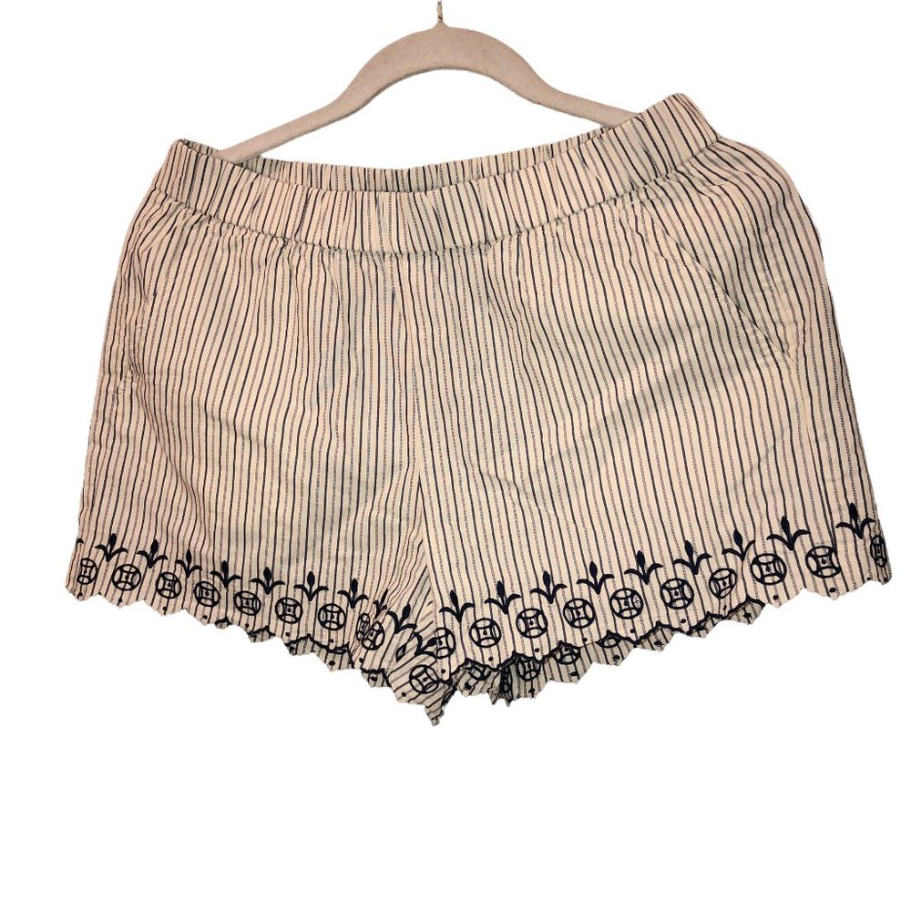 madewell blue ecru ticking striped broderie anglaise trim cotton shorts S